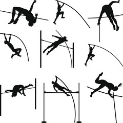 Pole vault athlete jumper silhouette, Pole vaulter athlete silhouette action poses Vector illustration on white background,