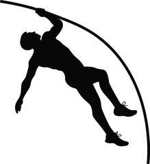 Pole vault athlete jumper silhouette, Pole vaulter athlete silhouette action poses Vector illustration on white background,