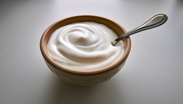 creamy white yogurt with a smooth swirl texture and spoon in a minimal bowl ideal for dairy product ads or healthy eating visuals high resolution and perfect for packaging design