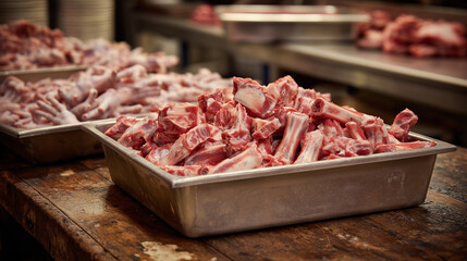 Large quantity of freshly cut raw bone-in meat, likely lamb or pork ribs, neatly arranged in metal trays on a rustic wooden counter, prepared for culinary use in a commercial kitchen