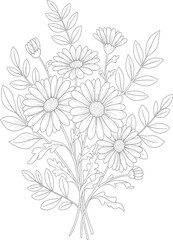 Detailed line art illustration of a bouquet of daisies and leaves.