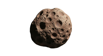 Isolated weathered asteroid with craters, pitted surface, irregular shape, planetoid