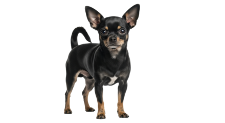 Isolated Chihuahua standing and looking ahead with curious expression against neutral stage