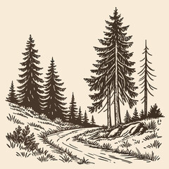Obraz premium hand-drawn, pine, forest, sketch, vector, illustration, doodle, vintage, rustic, camping, nature, ink, drawing, woodland, adventure.
