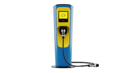 Isolated blue and yellow EV car charging station with cable, electric vehicle industry asset