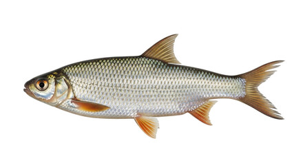 Isolated common dace on plain background showing silver scales and orange fins, studio shot