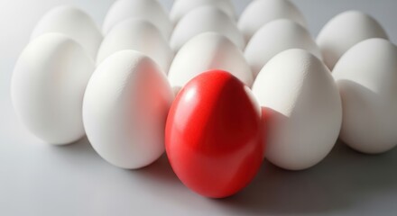 Stand out red egg amongst many white eggs symbolizing uniqueness individuality and difference