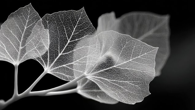 Translucent leaves reveal intricate veins on a dark backdrop