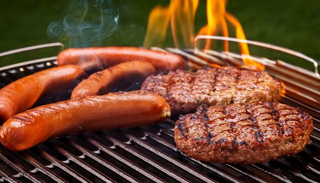 grilling burgers and hotdogs outdoors with flames