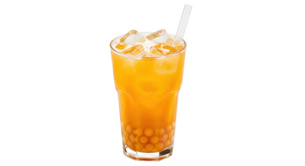 Isolated sweet iced tea beverage with tapioca pearls in a drinking glass and a straw