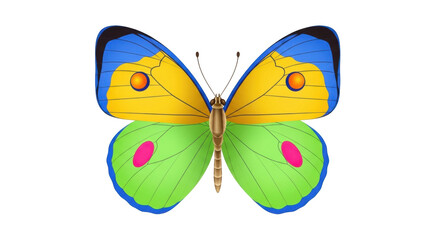 Isolated butterfly illustration in yellow, blue and green colors on a blank surface