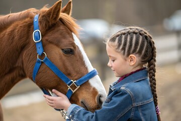 Fototapeta premium Young girl gently caressing the face of her chestnut horse with a blue halter
