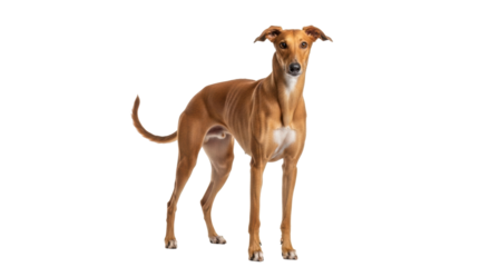 Isolated attentive Galgo dog looks at camera, a Spanish Greyhound breed of dog
