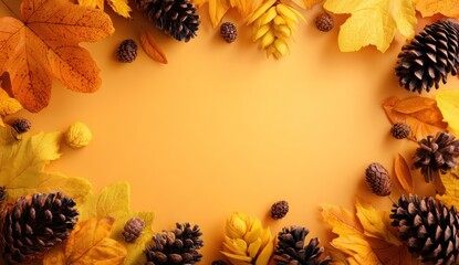 Autumnal arrangement of vibrant orange and yellow leaves and brown pinecones on a pale orange background creates a warm and inviting atmosphere.