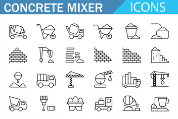 Concrete Work Tools & Trucks Thin Line Icons