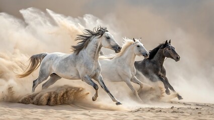 Three horses gallop through the desert, kicking up sand in a cloud of dust