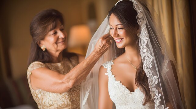 Bride's mother adjusting veil on her daughter before the wedding ceremony.