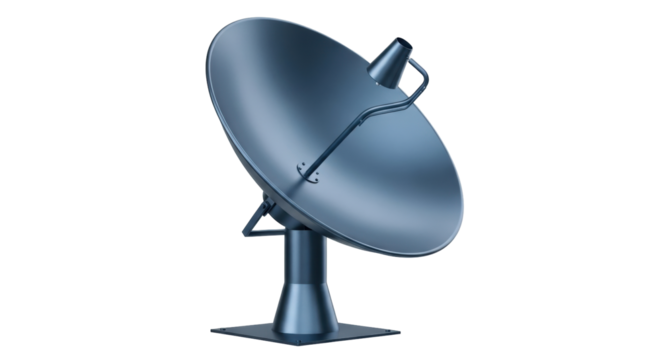 Isolated gray satellite dish antenna on a stand against a neutral backdrop broadcasting signals