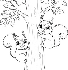 A black and white coloring page illustration of two cute cartoon squirrels climbing a tree trunk with leaves and berries.