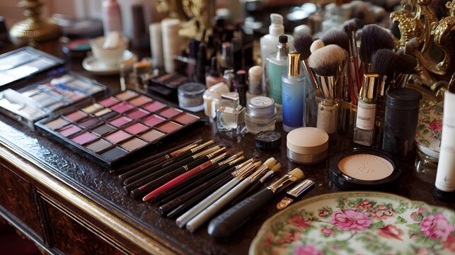 Makeup products and brushes arranged on a vintage wooden table. - Powered by Adobe