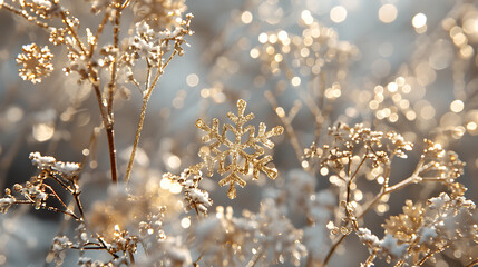 Golden Snowflakes, Frosted Pines, and Glowing Decorations Welcoming a Merry Christmas and a Joyful New Year. Happy new year