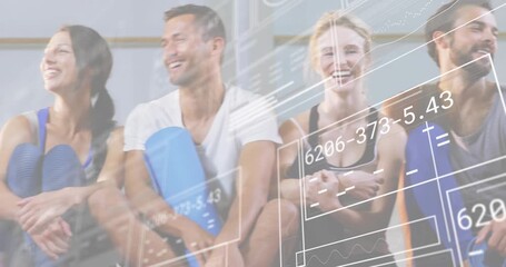 Fitness participants holding mats clear overlay sweeping left showing newcomers group turning heads - Powered by Adobe