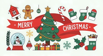 Merry christmas illustration with festive elements like a tree, gingerbread man, and gifts