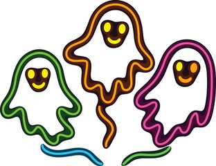 ghosts with smiling faces, surrounded by bats, moons, stars, and clouds, playful Halloween vector illustration, festive cartoon designV