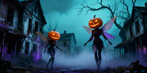 Two Halloween Pumpkin Head Fairies Walking on a Foggy Street Near Dilapidated Buildings Under a Dim Blue Sky at Night