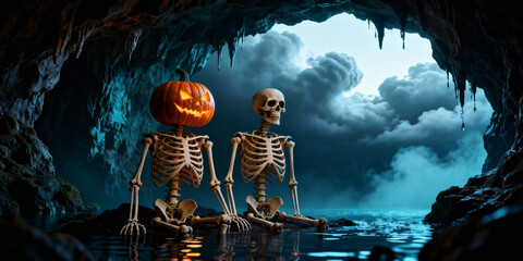 Two Skeletons One With Pumpkin Head Sitting in Cave Waters Under Dramatic Blue Skies