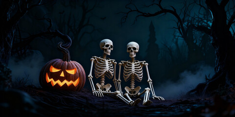 Two Skeletons Sit Beside A Jack O'Lantern in Dark Pixelated Halloween Scene