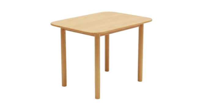 Isolated light wood dining table with rounded edges, minimalist furniture concept
