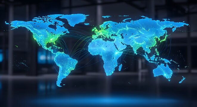 Global network of connections, digital world map with glowing lines illustrating data flow and connectivity