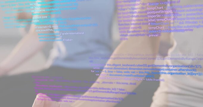 Hand mudra code overlay scrolling camera backing up revealing duo meditating merging tech and calm