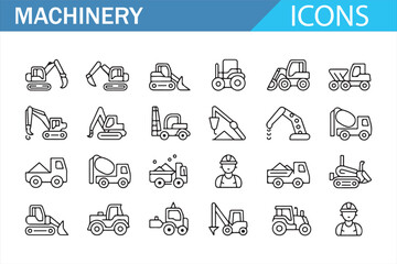 Industrial Equipment Line Icons — Excavators, Loaders, Trucks