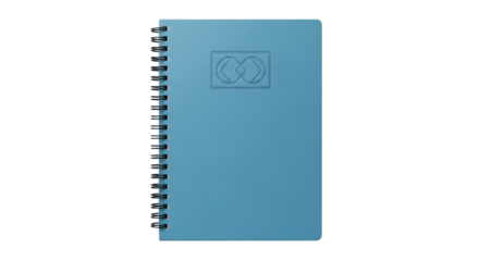 Isolated blue spiral notebook with infinity emblem, stationery object for notes and writing