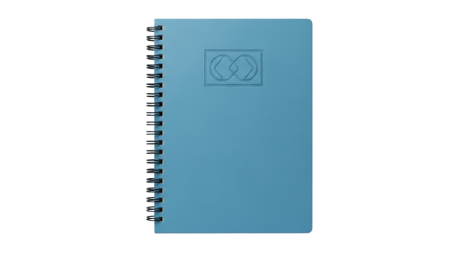 Isolated blue spiral notebook with infinity emblem, stationery object for notes and writing