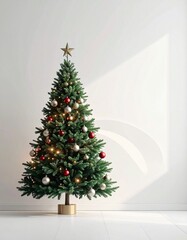 fondo de pantalla de Navidad estilo minimalista e hiperrealista. Escena limpia y elegante con tonos suaves en blanco, verde pino y rojo sutil. Un &aacute;rbol de Navidad estilizado con decoraci&oacute;n m&iacute;nimalista