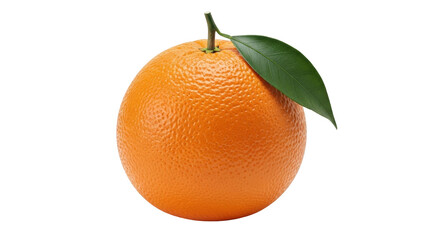 Isolated single orange fruit with a green leaf attached to the stem, healthy snack