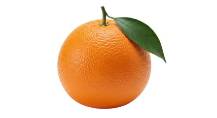 Isolated single orange fruit with a green leaf attached to the stem, healthy snack