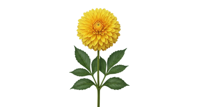 Isolated yellow dahlia flower on a stem, featuring symmetrical green leaves illustration