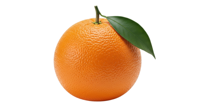 Isolated single orange fruit with a green leaf attached to the stem, healthy snack