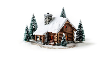 Miniature log cabin with snow-covered roof and christmas trees
