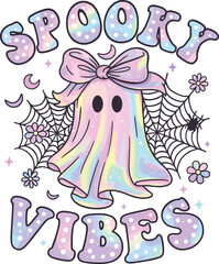 Pastel ghost with rainbow bow, spider web, floral accents, stars, crescent moon, spooky vibes text, cute festive Halloween vector illustration