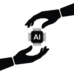 Two hands reaching towards a central ai microchip