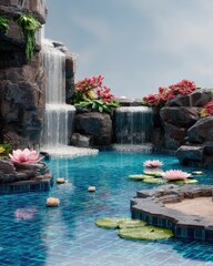 Naklejka premium Serene waterfall cascades into a clear, tiled pond oasis