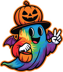 Rainbow ghost with witch hat, bat wings, jack-o'-lantern basket, peace sign, cheerful spooky theme, vibrant Halloween vector illustration, festive cartoon design
