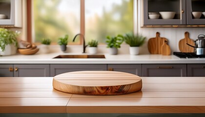 wooden cutting board against a bright modern kitchen backdrop kitchen podium background for food product ideal for culinary websites blogs or any content focused on cooking design or home decor