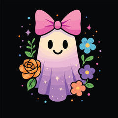 Smiling ghost with pink bow, sparkly purple outfit, surrounded by colorful flowers and stars, cheerful spooky theme, playful Halloween vector illustration