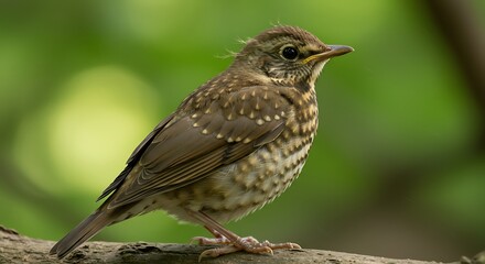 Detailed portrait of a bird perched on a branch against a green background